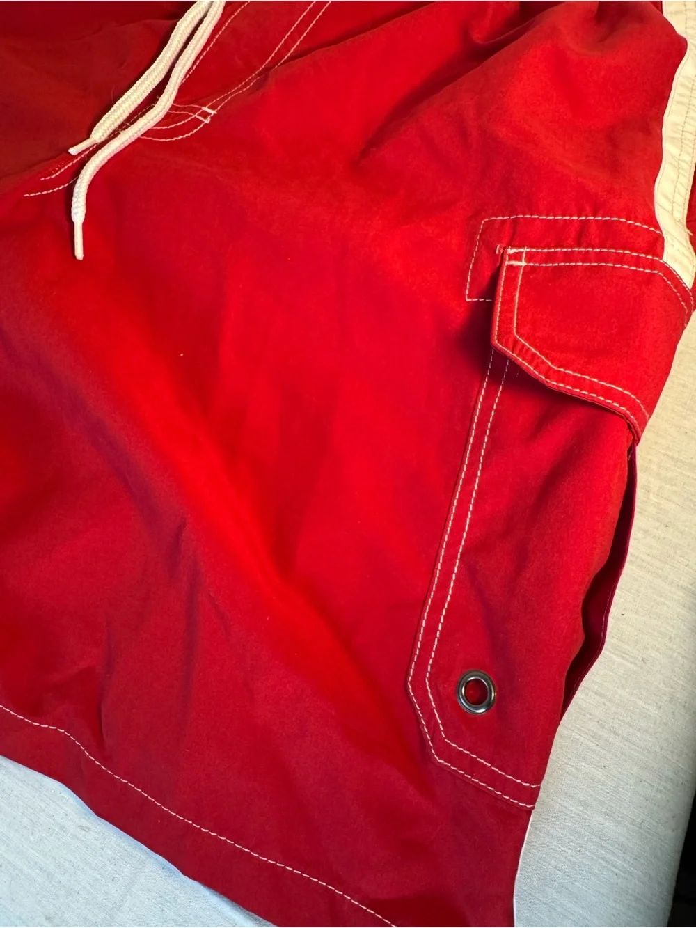 Men's Red Swim Trunks with White Side Stripe and Drawstring